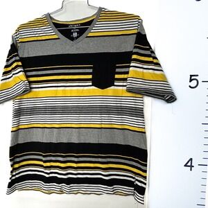 Knock Out Jeans Black/White/Yellow Striped V-Neck T-Shirt Men's XL
